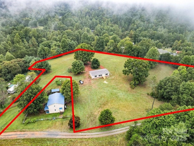 birds eye view of property featuring a forest view