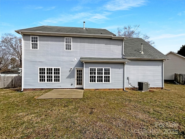 back of house with a yard, central AC unit, a patio area, and fence