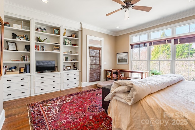 bedroom with recessed lighting, wood finished floors, a ceiling fan, and ornamental molding