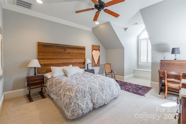 carpeted bedroom with visible vents, baseboards, and ornamental molding