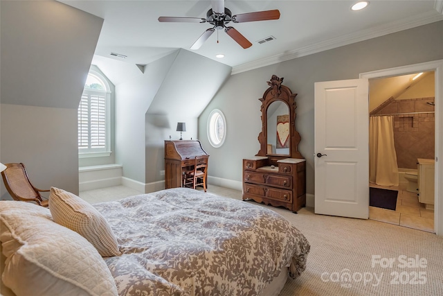 bedroom featuring visible vents, ornamental molding, recessed lighting, baseboards, and light colored carpet