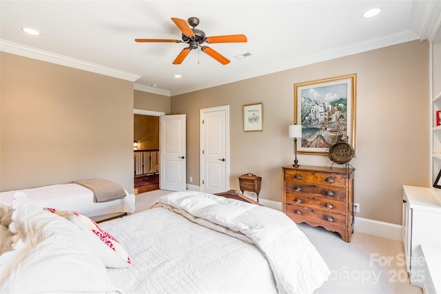 bedroom with a ceiling fan, baseboards, recessed lighting, ornamental molding, and light carpet