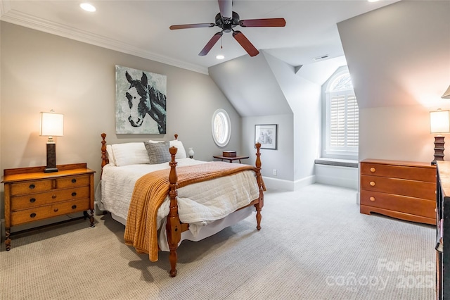 bedroom featuring visible vents, light carpet, recessed lighting, crown molding, and baseboards