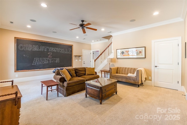 living room with crown molding, stairway, carpet, and ceiling fan