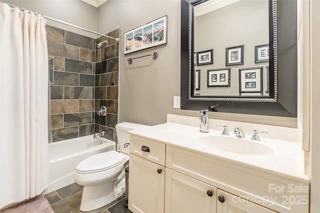 bathroom featuring shower / bath combo with shower curtain, toilet, and vanity