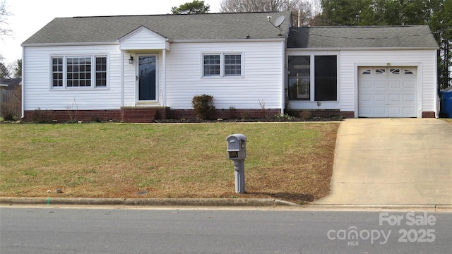 view of front of property with entry steps, an attached garage, driveway, crawl space, and a front yard