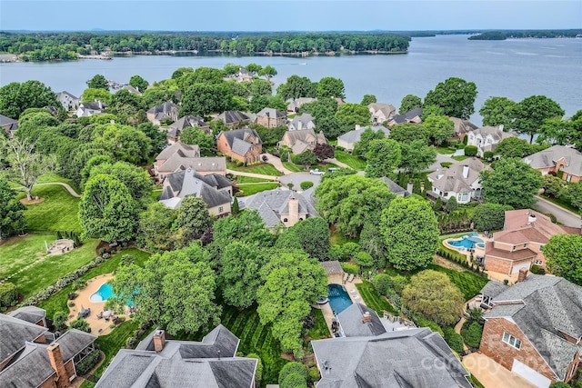 aerial view featuring a residential view and a water view