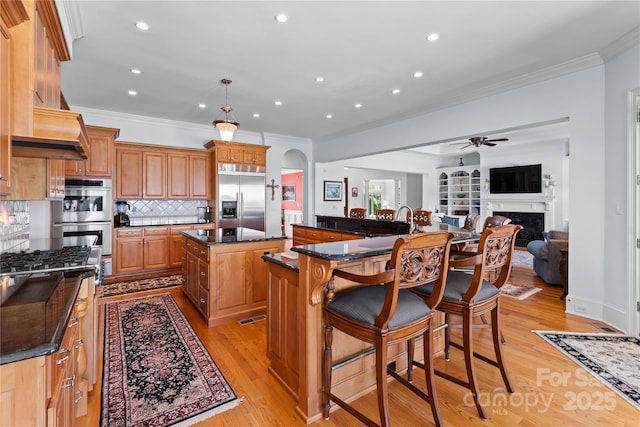 kitchen with a spacious island, a high end fireplace, ornamental molding, stainless steel appliances, and a ceiling fan