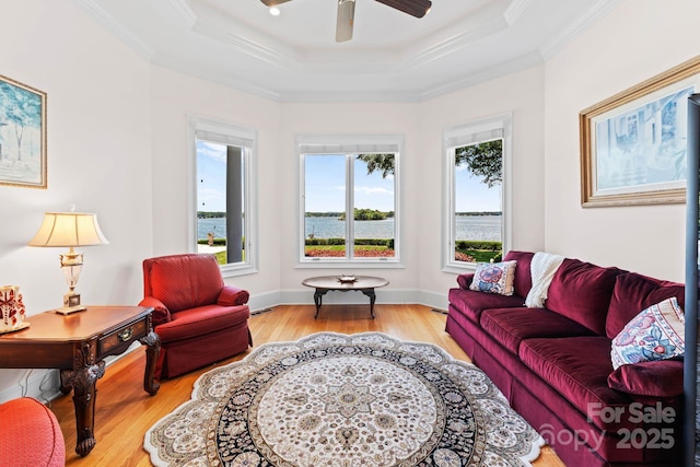 living room featuring a raised ceiling, light wood-style flooring, crown molding, baseboards, and ceiling fan