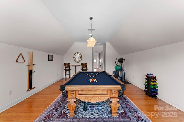 playroom featuring baseboards, light wood-style floors, pool table, and vaulted ceiling