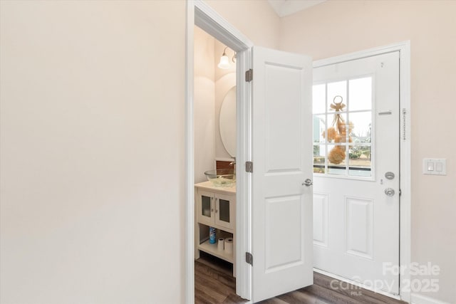 doorway with dark wood-style flooring and a sink