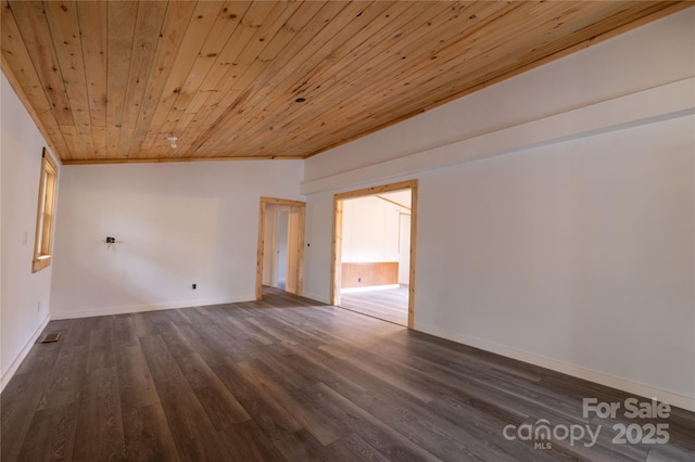 empty room with wood ceiling, dark wood-style flooring, visible vents, and baseboards