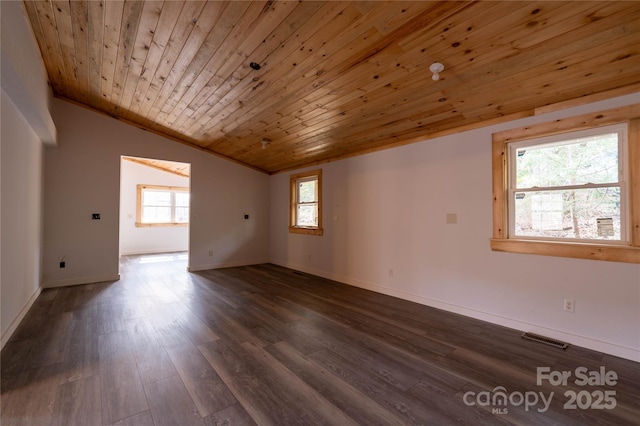 unfurnished room with lofted ceiling, wood ceiling, visible vents, baseboards, and dark wood-style floors