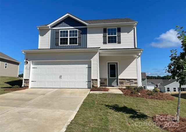 view of front of home featuring a garage, stone siding, a front lawn, and concrete driveway