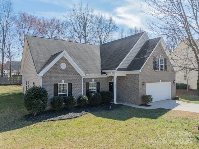 view of front of home featuring concrete driveway, a front lawn, an attached garage, and brick siding