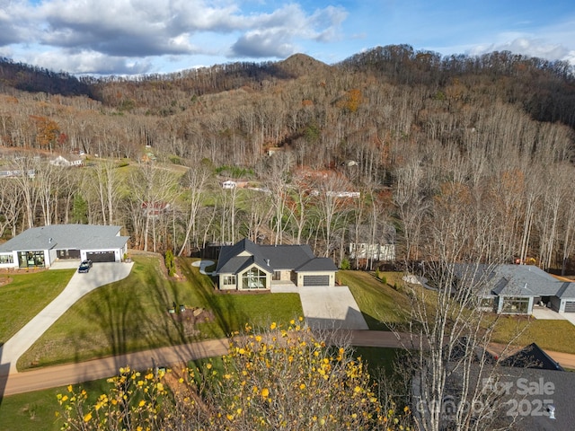 bird's eye view with a mountain view and a view of trees