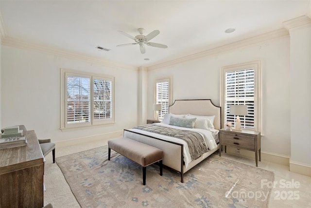 bedroom featuring carpet floors, visible vents, and multiple windows