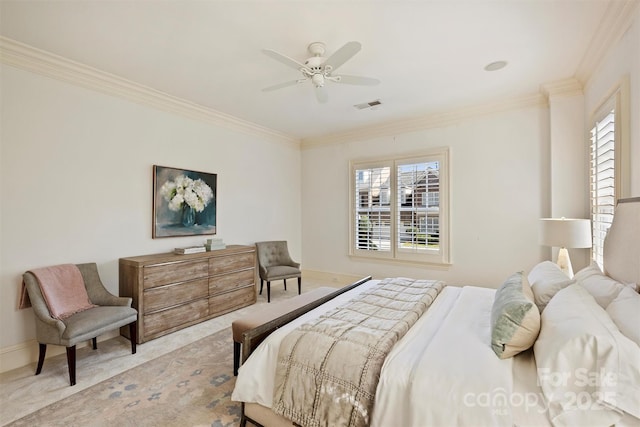 bedroom with ornamental molding, carpet, visible vents, and multiple windows