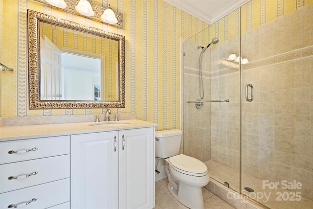 full bathroom with ornamental molding, a shower stall, toilet, and wallpapered walls