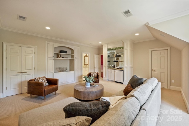 living room featuring light colored carpet, visible vents, crown molding, and recessed lighting