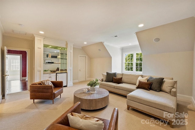 living area featuring light carpet, recessed lighting, visible vents, and crown molding