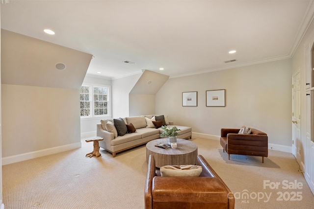 living area featuring light carpet, baseboards, visible vents, and crown molding