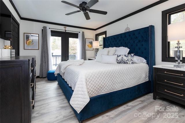 bedroom featuring french doors, crown molding, light wood finished floors, ceiling fan, and access to outside