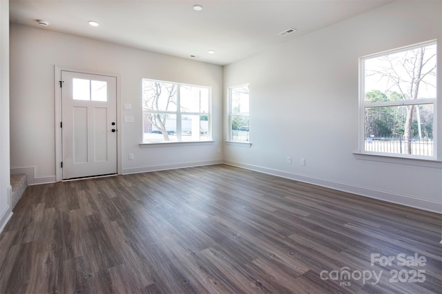 foyer entrance with a healthy amount of sunlight, dark wood finished floors, and baseboards