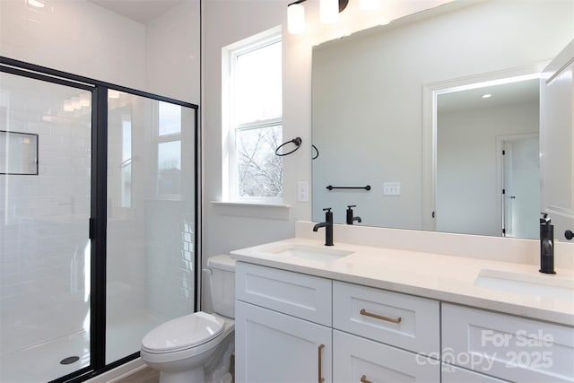 bathroom featuring a sink, a shower stall, toilet, and double vanity