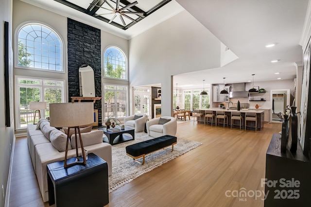 living room featuring plenty of natural light, ornamental molding, and light wood-type flooring