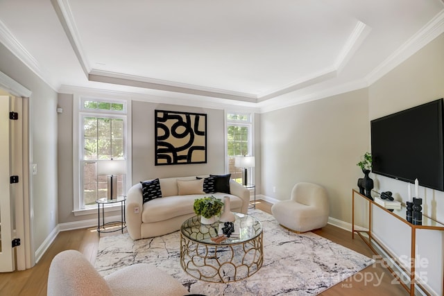 living room featuring baseboards, ornamental molding, a raised ceiling, and wood finished floors