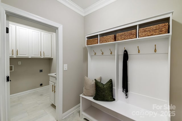 mudroom with ornamental molding and baseboards