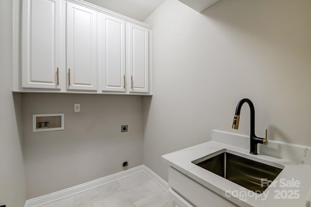 laundry area with washer hookup, marble finish floor, cabinet space, a sink, and electric dryer hookup