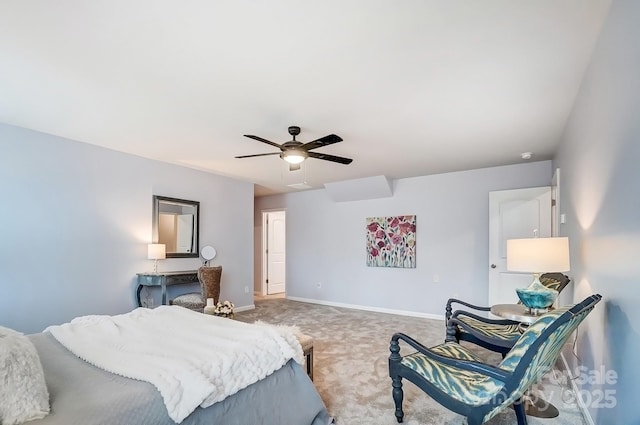 bedroom with carpet floors, ceiling fan, and baseboards