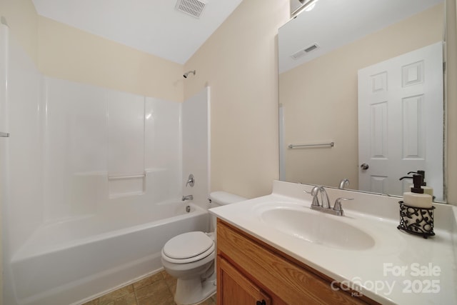 bathroom featuring visible vents, shower / bathing tub combination, vanity, and toilet