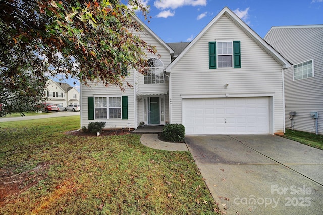 traditional home with a garage, a front lawn, and concrete driveway