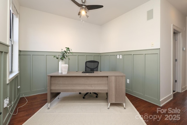 home office featuring ceiling fan, a decorative wall, visible vents, wainscoting, and dark wood finished floors