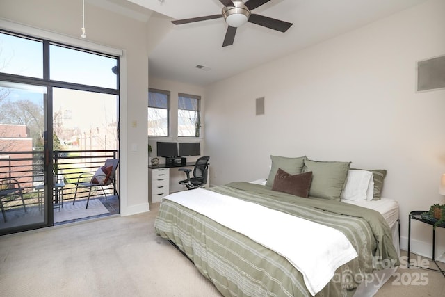 bedroom with baseboards, visible vents, a ceiling fan, light colored carpet, and access to exterior