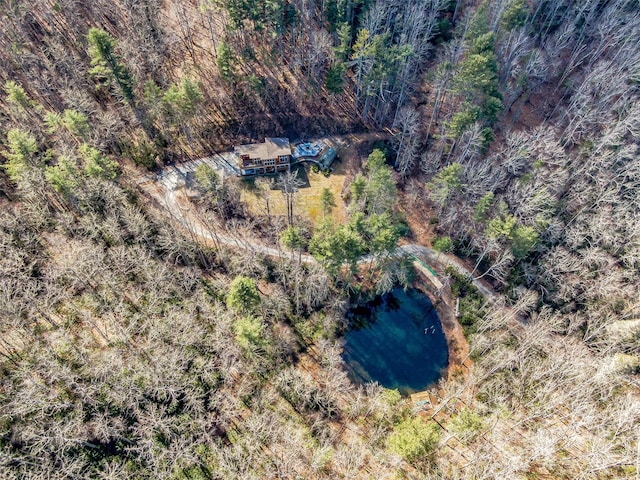 aerial view with a water view and a view of trees