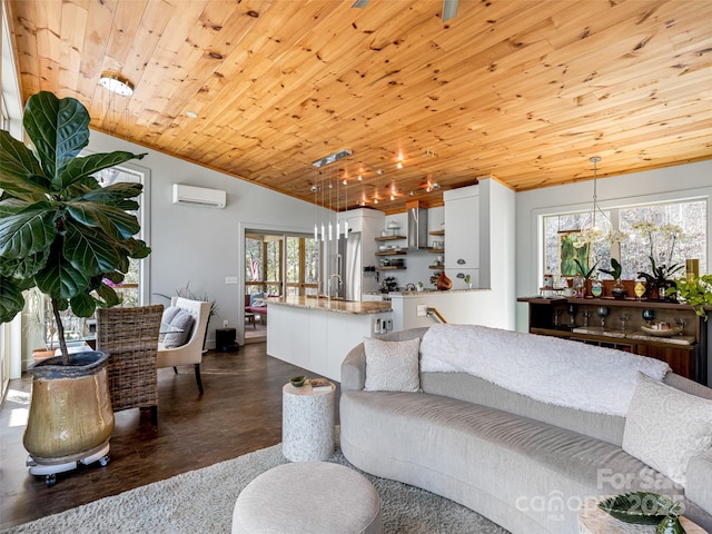 living room featuring lofted ceiling, wood ceiling, and a wall mounted AC