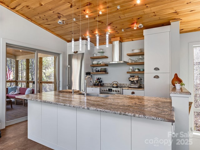 kitchen featuring lofted ceiling, wooden ceiling, stainless steel appliances, wall chimney exhaust hood, and open shelves