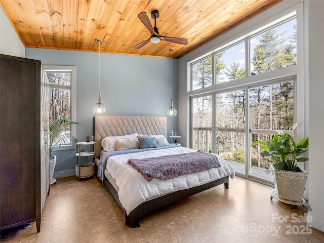 bedroom featuring ceiling fan, wooden ceiling, and tile patterned floors