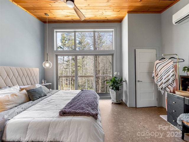 bedroom featuring a high ceiling, a wall mounted air conditioner, and wood ceiling