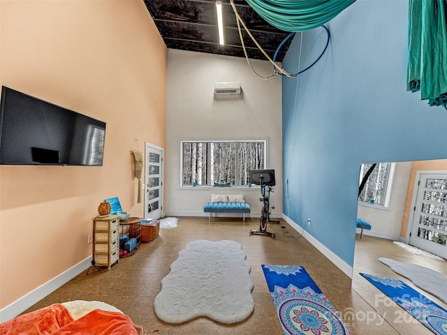 exercise room featuring a high ceiling and baseboards