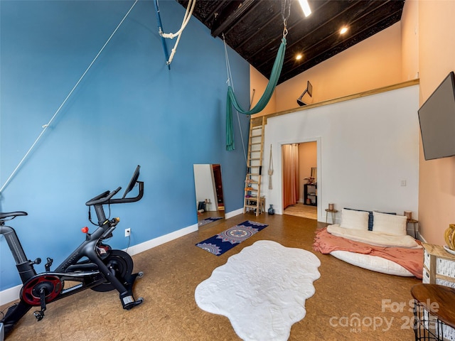 workout area with baseboards and high vaulted ceiling