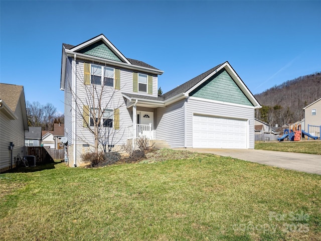 view of front facade featuring a garage, central AC unit, concrete driveway, crawl space, and a front yard