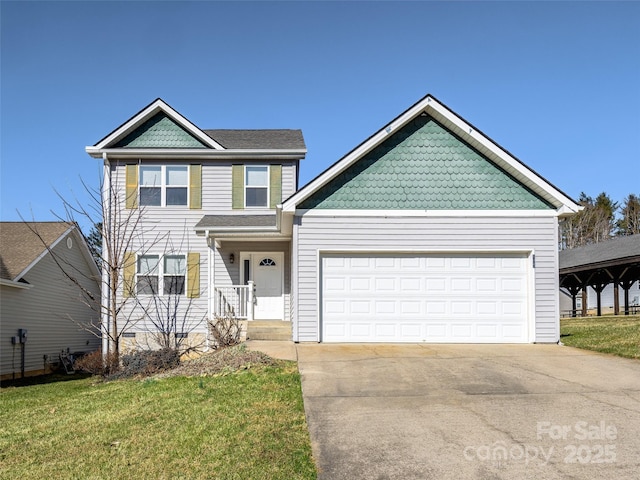 view of front of property with driveway, a front lawn, and an attached garage