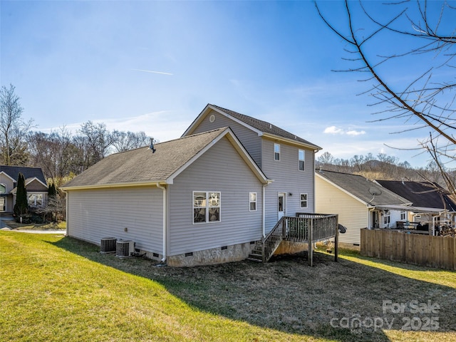 back of house with a deck, central AC unit, a yard, stairway, and crawl space