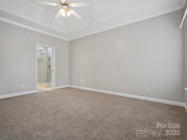 unfurnished room with carpet, baseboards, ceiling fan, and ornamental molding