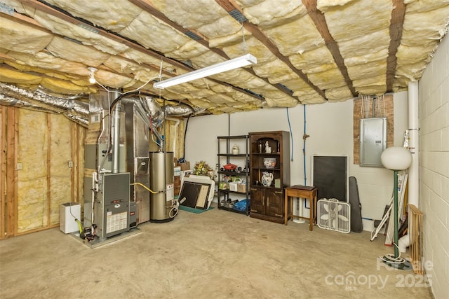 unfinished below grade area featuring heating unit, electric panel, gas water heater, and concrete block wall